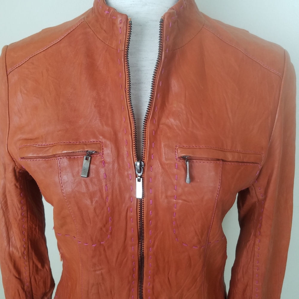 Vintage Alexander Julian Orange Calf Ski Leather Jacket Small - Picture 4 of 8